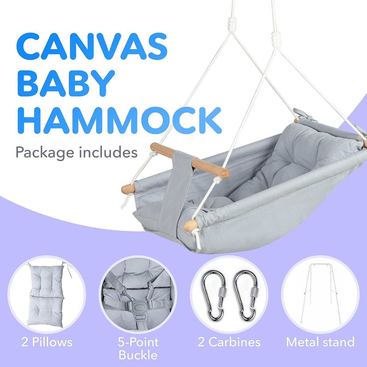 CaTeam - Canvas Baby Swing with Stand, Wooden Hanging Swing Seat Chair
