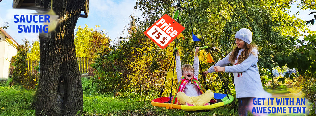 Saucer tree swing comes with height adjustable straps and quick links. Perforated bottom makes it rainproof. Check our tents for this 40'' round swing for kids. 