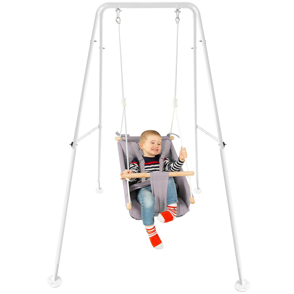 CaTeam - Canvas Baby Swing with Stand, Wooden Hanging Swing Seat Chair