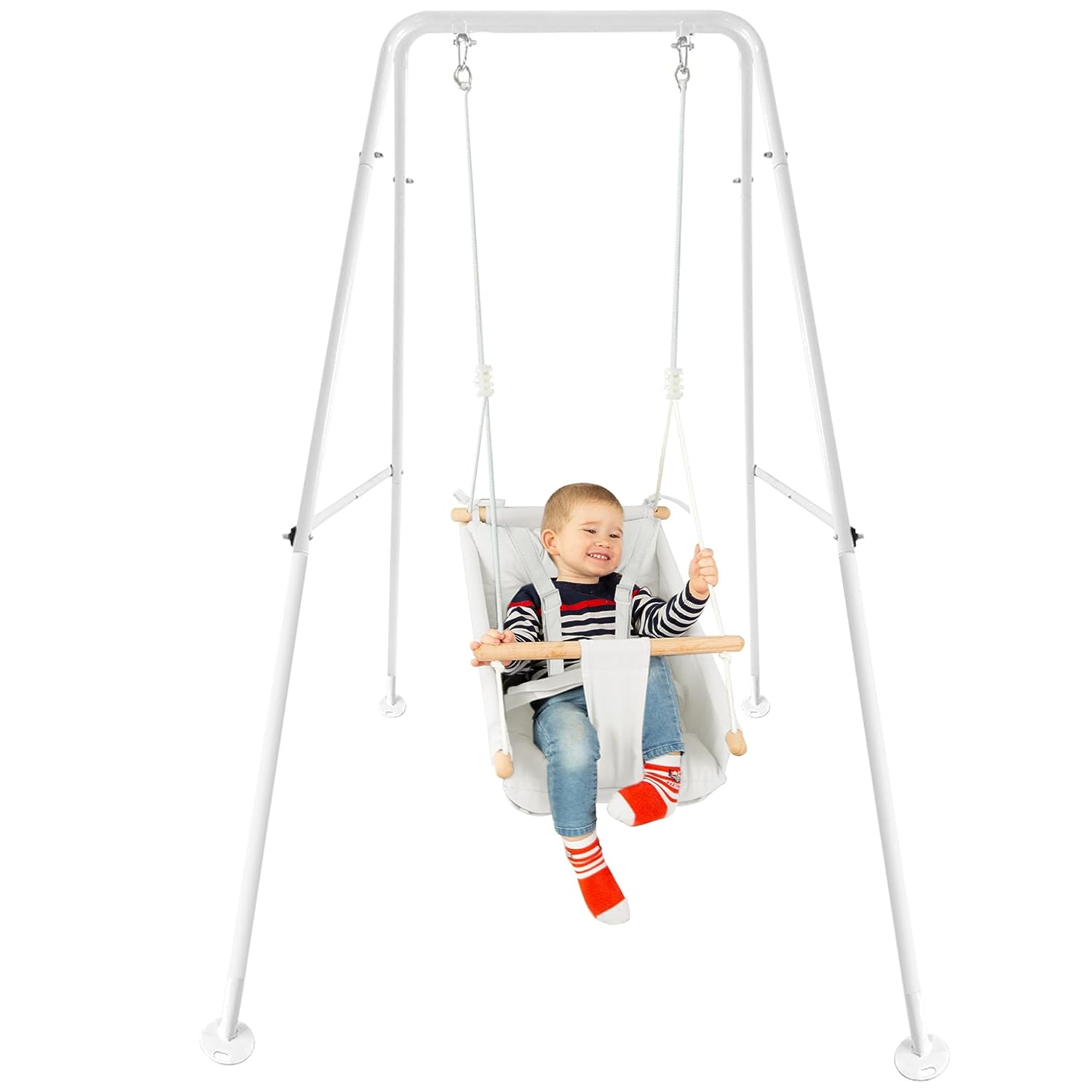 CaTeam - Canvas Baby Swing with Stand, Wooden Hanging Swing Seat