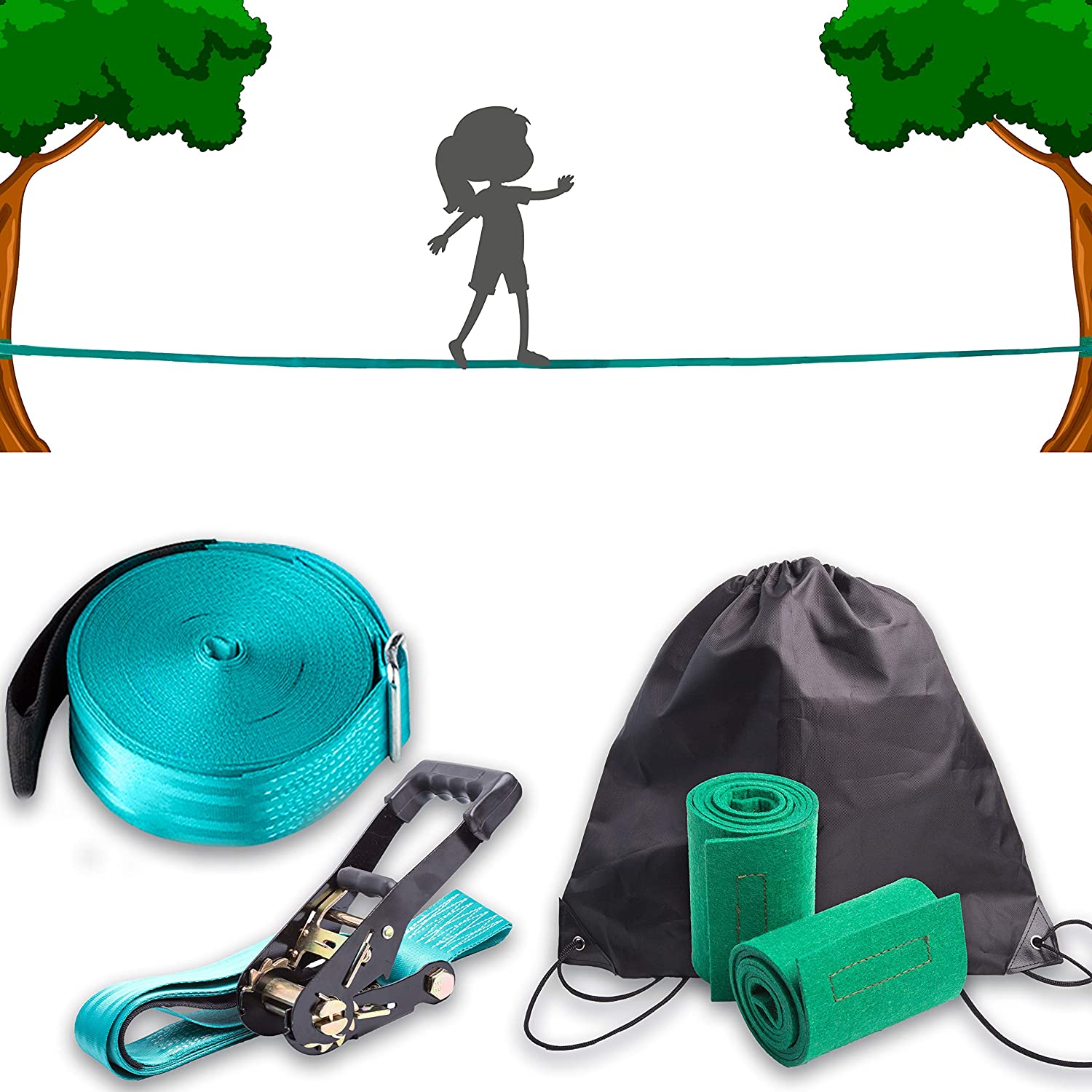 Slackline for balance training 50' with heavy-duty industrial ratchet, –  kids.cateam