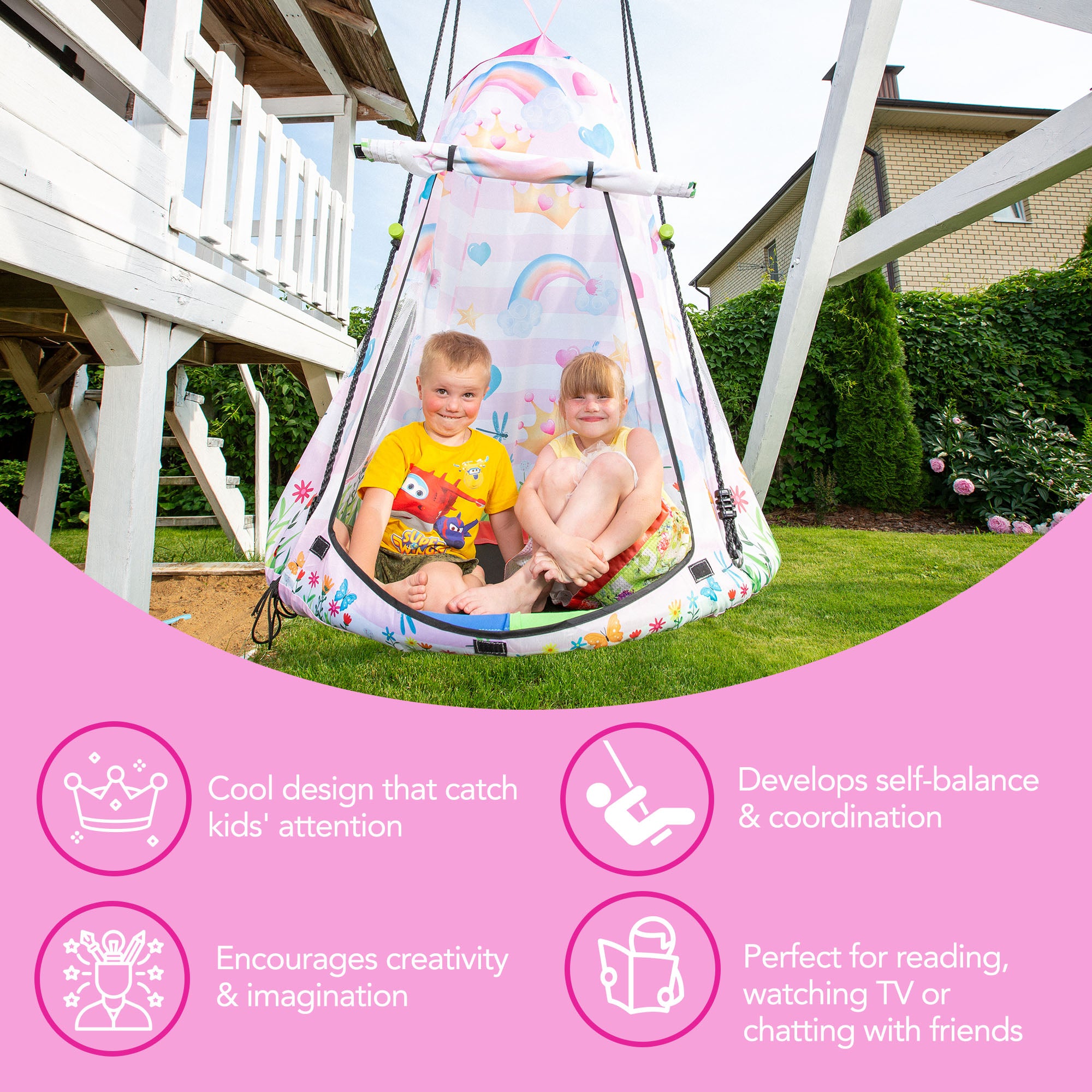 nestschaukel mit zelt pink Saucer Swing Princess Tent, Reliable Outdoor and Indoor Swing for Kids – kids.cateam